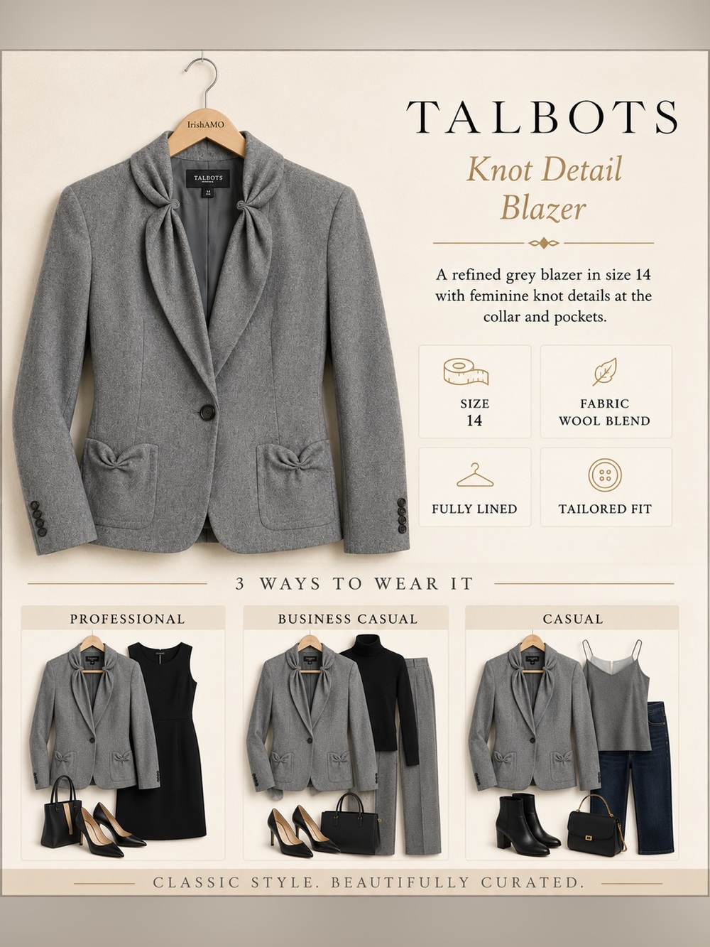 Talbots Gray Knotted Collar and Pocket Wool Blazer Size 14